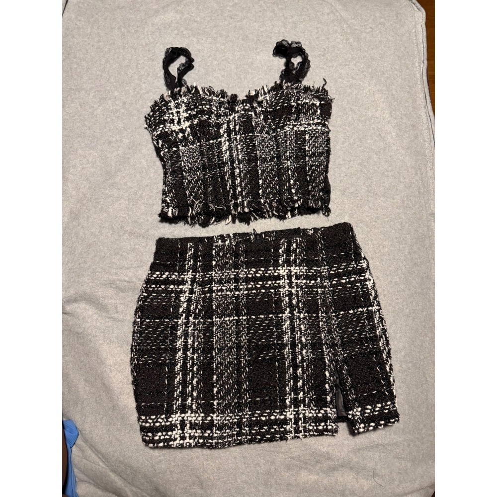 Black White Plaid Tweed Two Piece Set Lace Strap Bustier Top and Mini Skirt